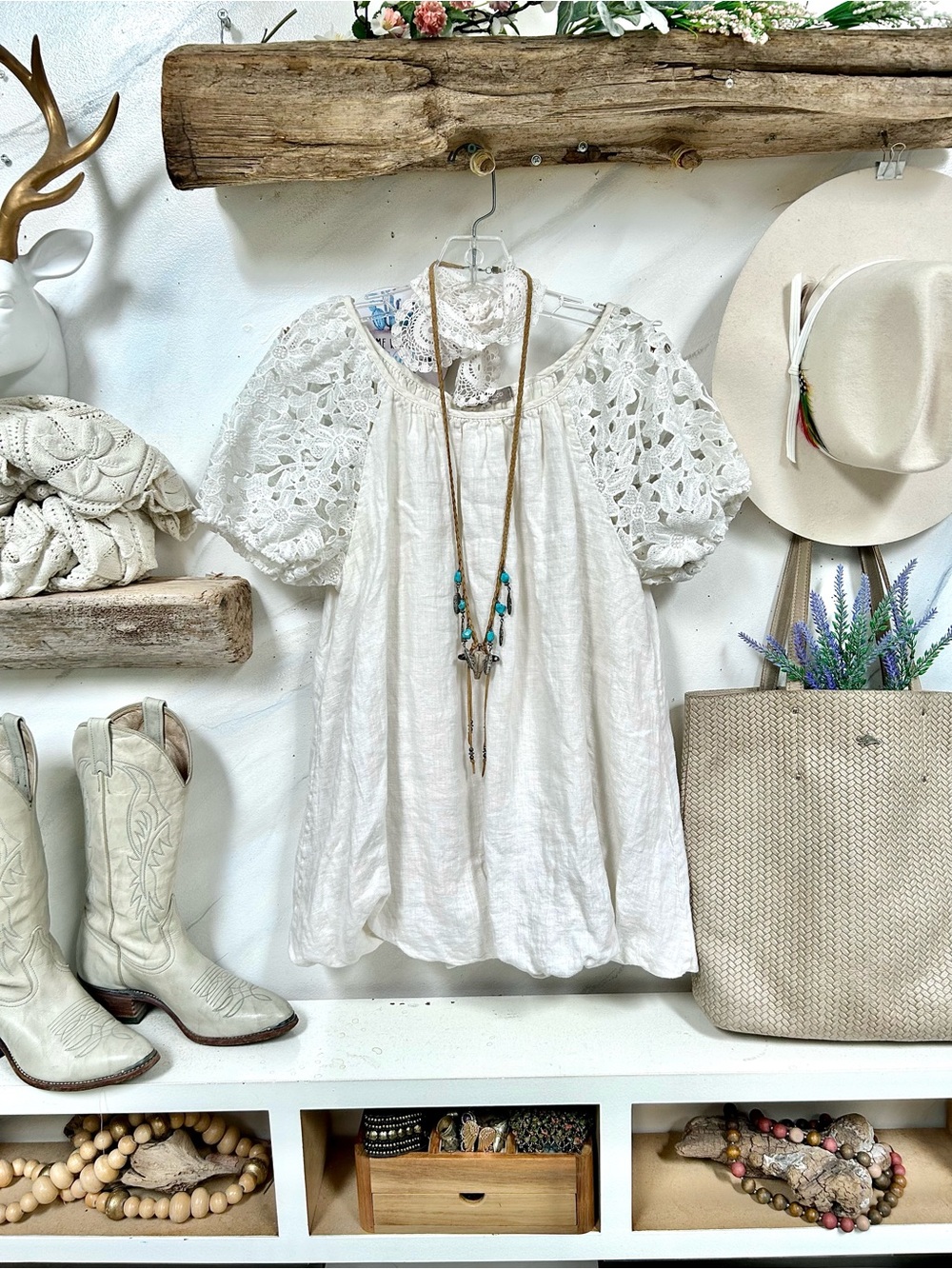 LINEN cottagecore Crochet exaggerated Sleeves Boho Tunic Top w resort vacay vibe